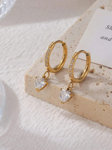 Romantic 18K Gold Plated Heart Solitaire Hoop Earrings QROSH