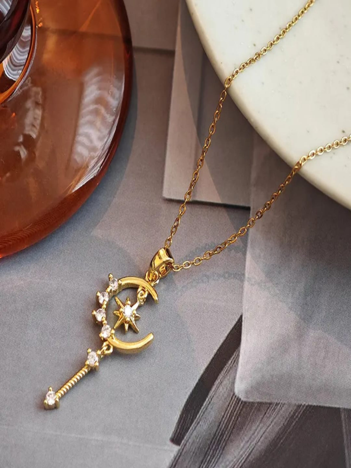 Gold Moon & Star Pendant Necklace QROSH