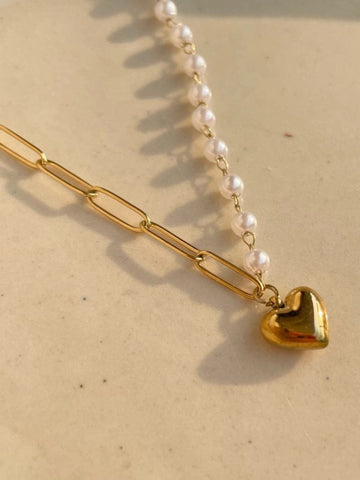 Gold heart pendant necklace with pearl chain