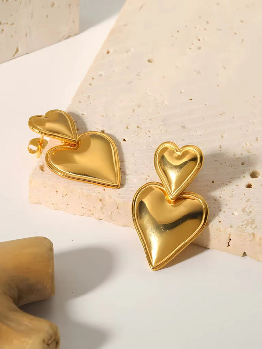 Chic 18K Gold Plated Double Heart Dangle Earrings QROSH