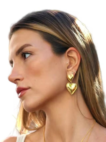 Chic 18K Gold Plated Double Heart Dangle Earrings QROSH