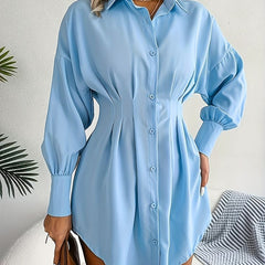 Blue Trendy Pleated Oversized Shirt Dress