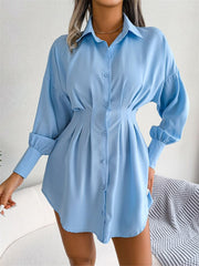 Blue Trendy Pleated Oversized Shirt Dress