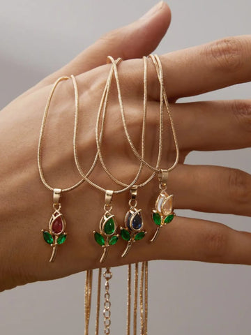 Gold Rose Pendant Necklace with Colored Crystal Bud – Elegant Floral Jewelry for Women QROSH