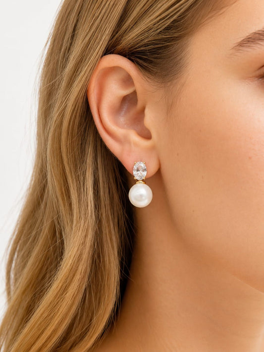 Oval Crystal Pearl Drop Earrings QROSH