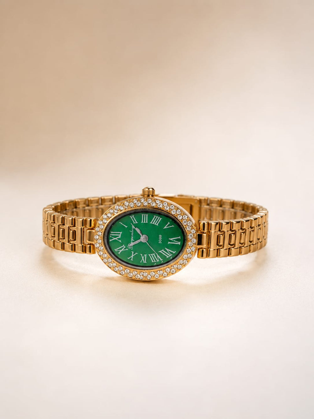 Crystal Bezel Oval Gold Watch QROSH