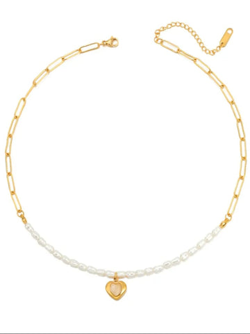 18K Gold-Plated Dainty Heart & Pearl Necklace QROSH