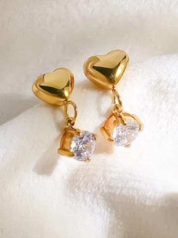 18K Gold Plated Heart Drop Stud Earrings - QROSH
