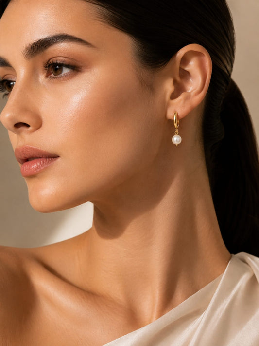 18K Gold Plated Pearl Hoop earrings for women QROSH