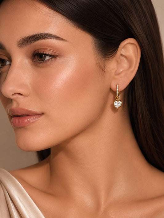 18K Gold Plated Heart Charm Hoops Earring with Sparkling Stone QROSH