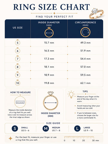 Ring size chart for finding the perfect fit with measurements in millimeters.
