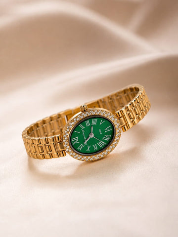 Crystal Bezel Oval Gold Watch QROSH
