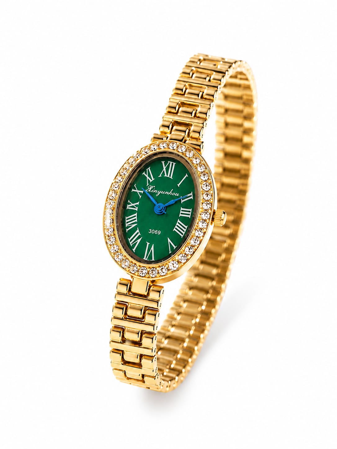 Crystal Bezel Oval Gold Watch QROSH