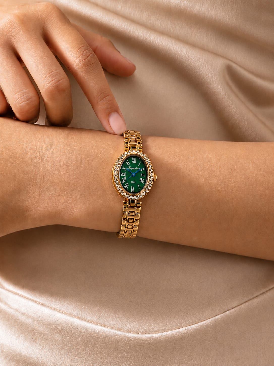 Crystal Bezel Oval Gold Watch QROSH