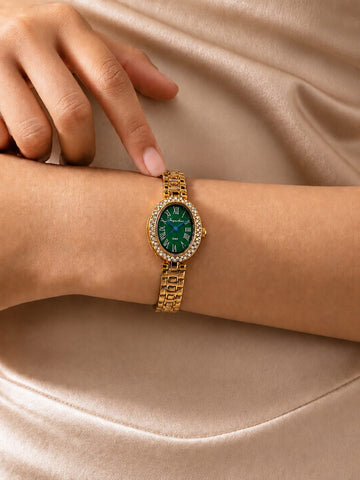 Crystal Bezel Oval Gold Watch QROSH