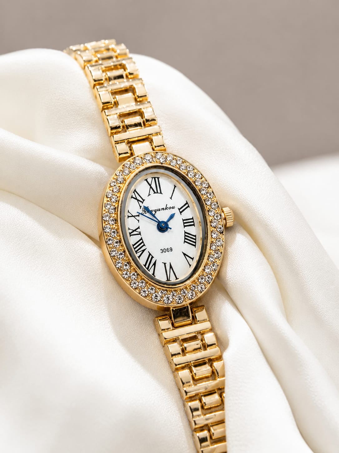 Crystal Bezel Oval Gold Watch QROSH