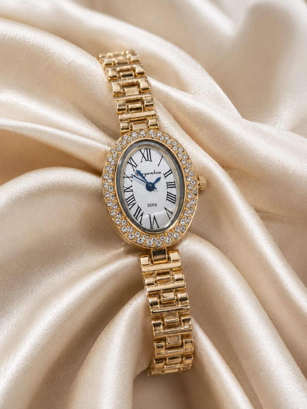 Crystal Bezel Oval Gold Watch QROSH
