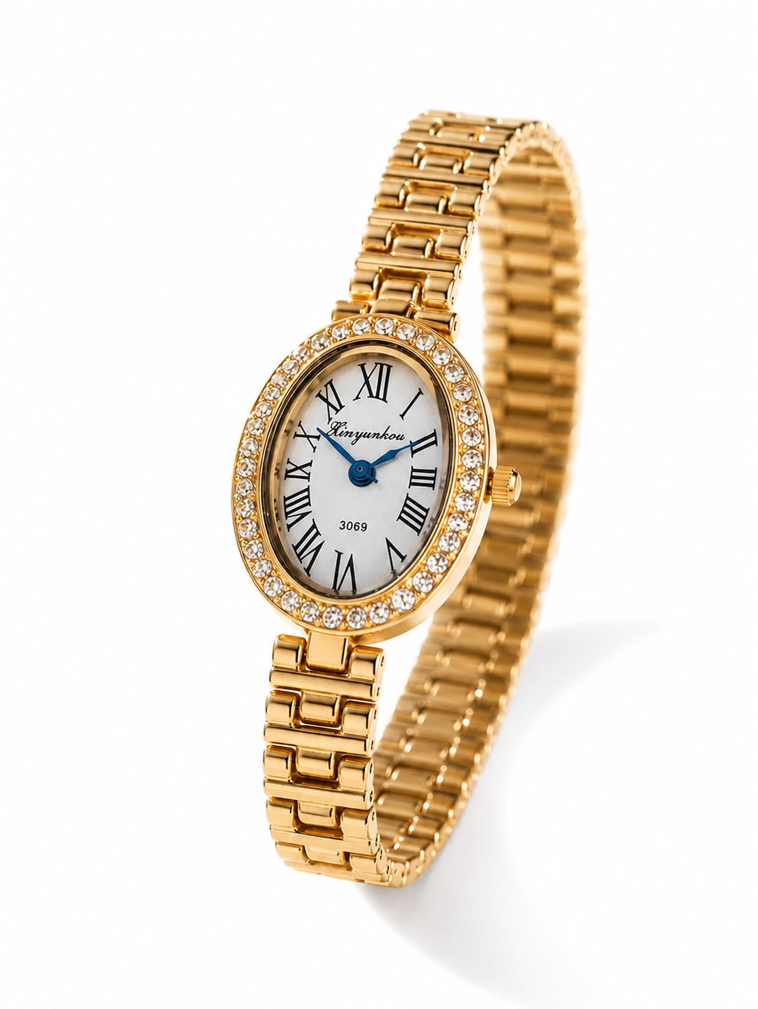 Crystal Bezel Oval Gold Watch QROSH