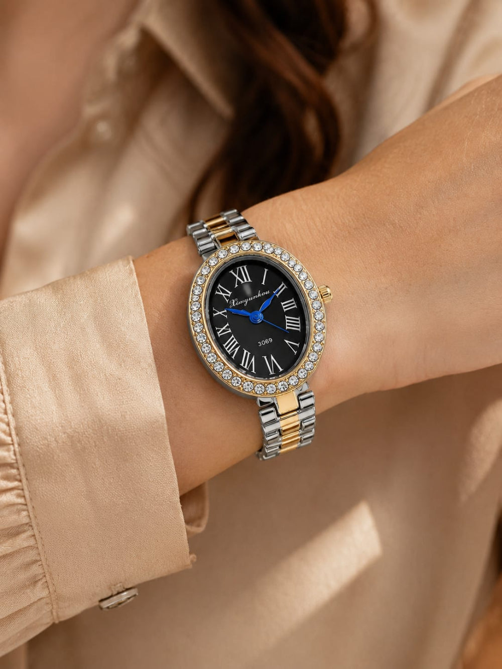 Crystal Bezel Oval Gold Watch QROSH