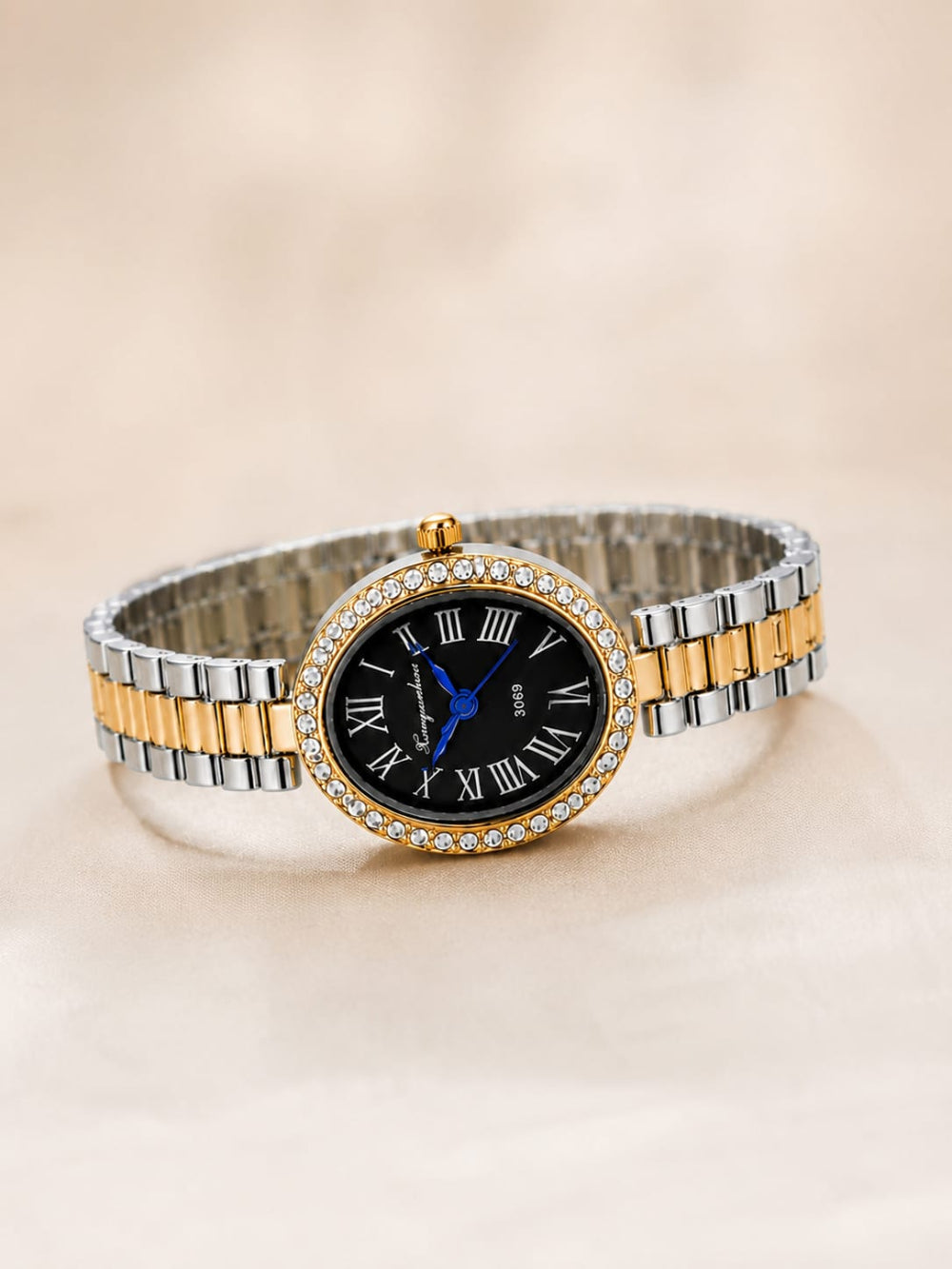 Crystal Bezel Oval Gold Watch QROSH