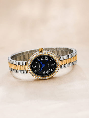 Crystal Bezel Oval Gold Watch QROSH