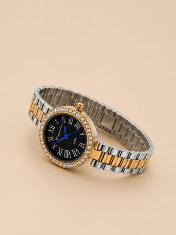 Crystal Bezel Oval Gold Watch QROSH