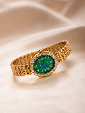 Crystal Bezel Oval Gold Watch QROSH
