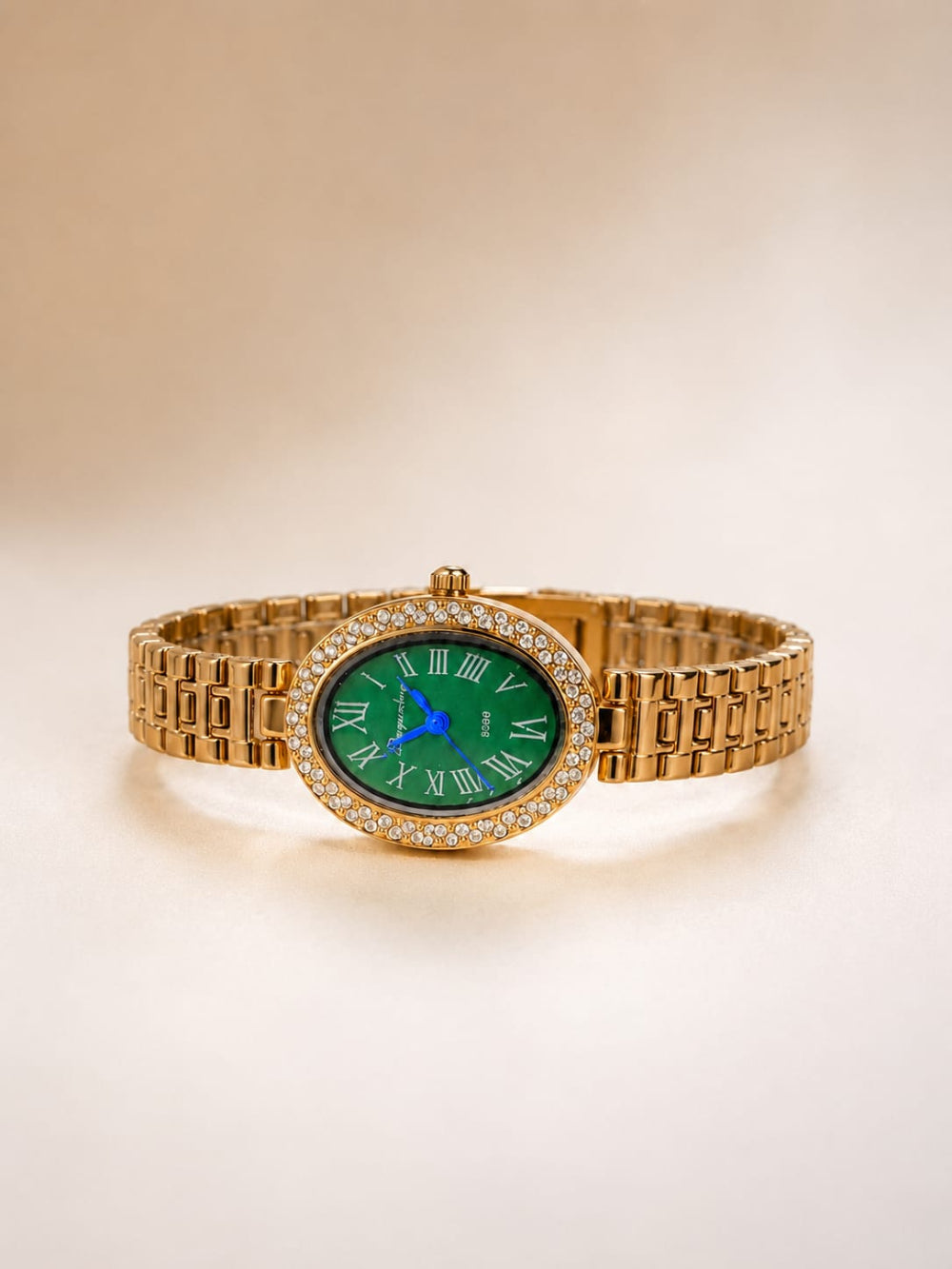Crystal Bezel Oval Gold Watch QROSH