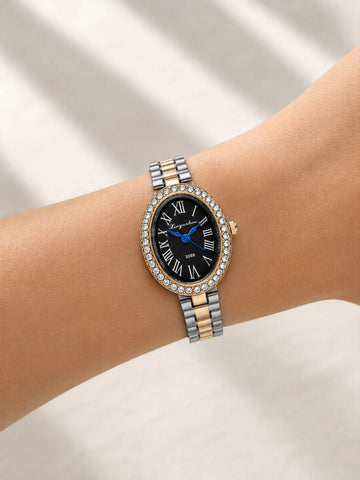 Crystal Bezel Oval Gold Watch QROSH