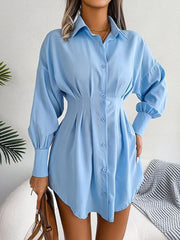 Blue Trendy Pleated Oversized Shirt Dress