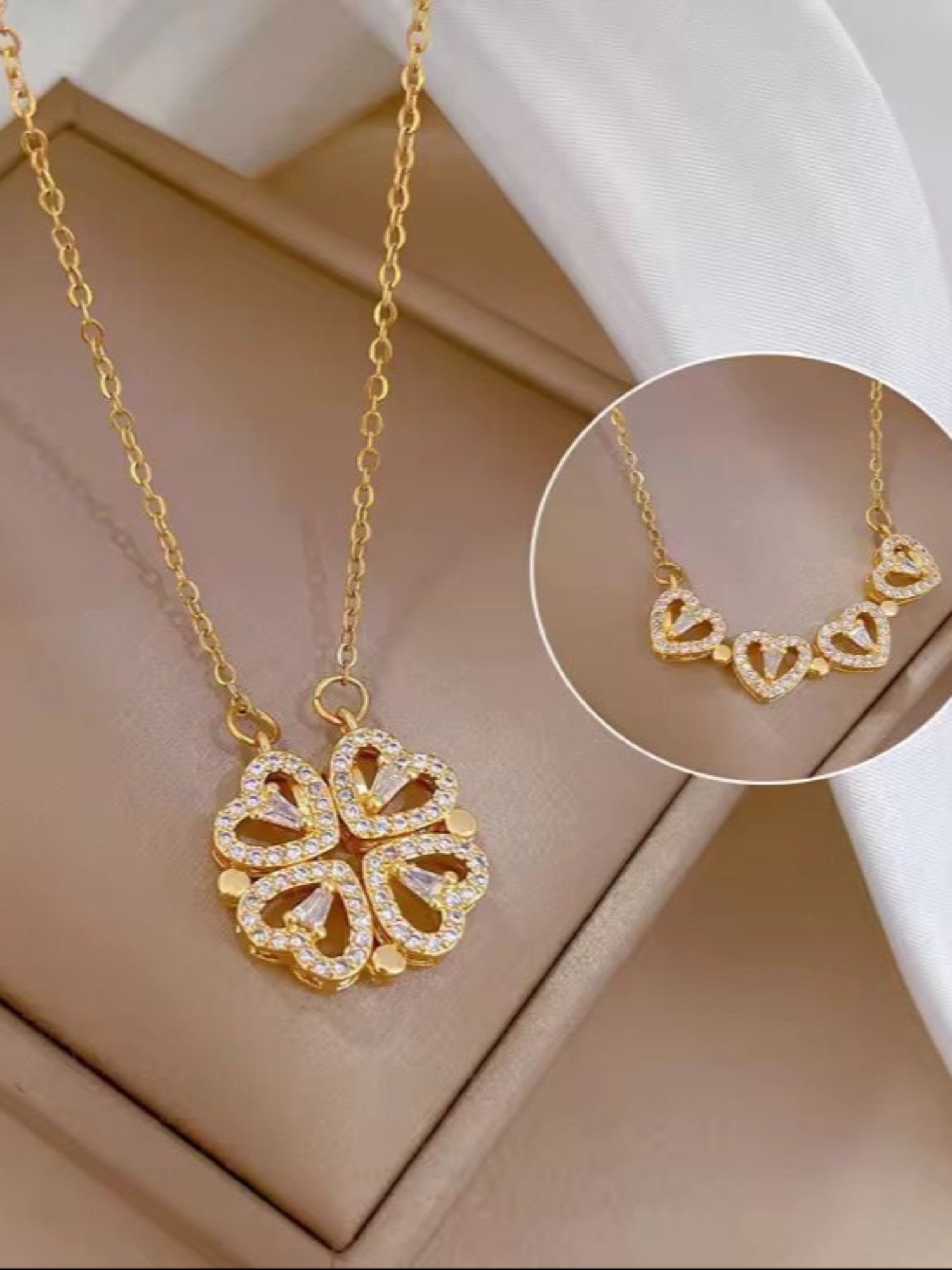 Adjustable Gold Heart Clover Pendant Necklace – 2-in-1 Dainty Crystal Necklace for Women QROSH