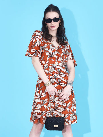 Floral Print Brown Side-Slit Wrap dress QROSH