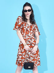 Floral Print Brown Side-Slit Wrap dress