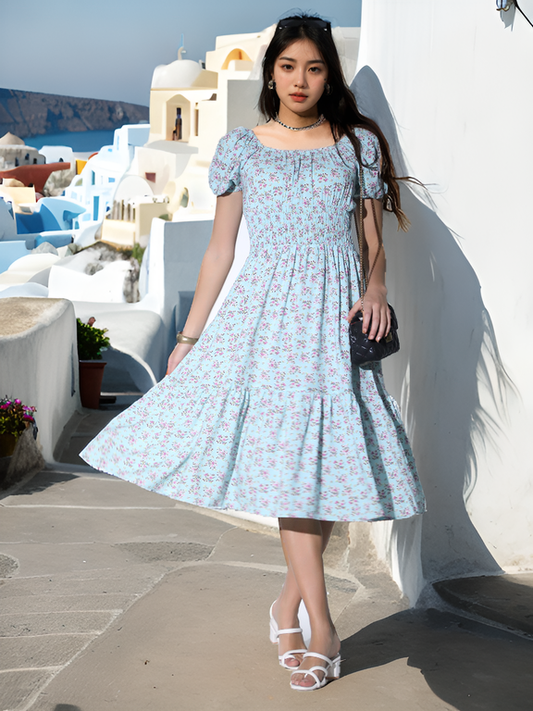 Korean Puff Sleeve Floral Dress