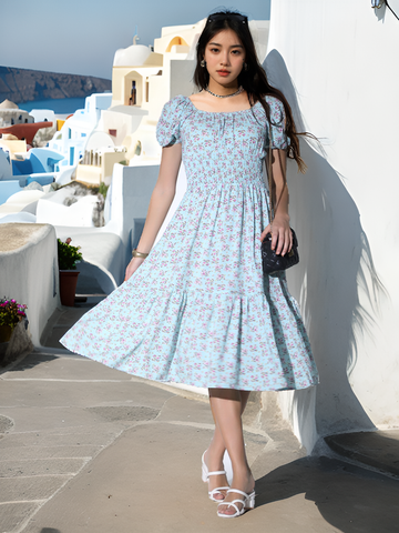 Korean Puff Sleeve Floral Dress QROSH