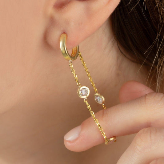 18K Gold Plated Dainty Hoop Chain Earrings