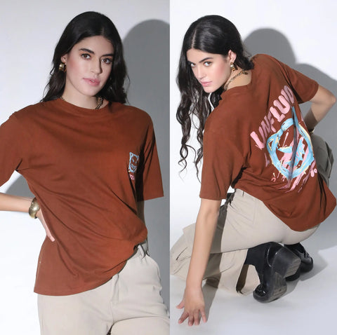 Brown Oversized Printed T-shirt QROSH