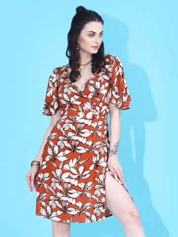 Floral Print Brown Side-Slit Wrap dress QROSH
