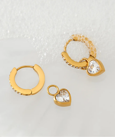 18K Gold Plated Heart Charm Hoops Earring with Sparkling Stone QROSH