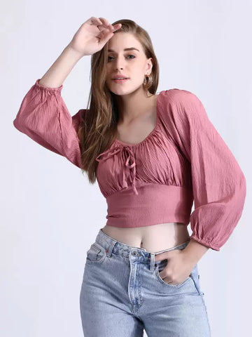 Crinkled White Crop Top with Tie QROSH